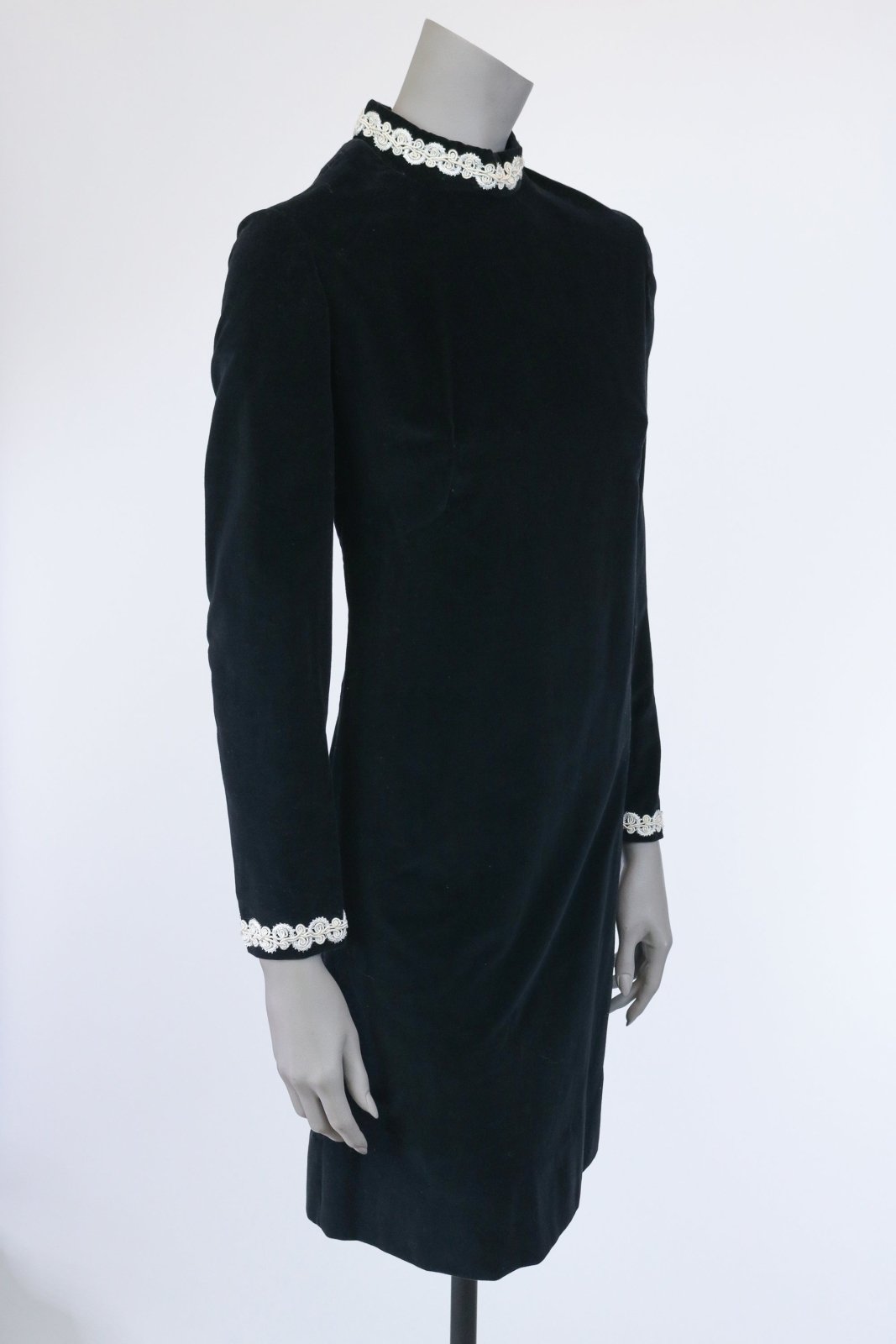 1960s Black Velveteen Mock Neck Shift Dress - Floria Vintage
