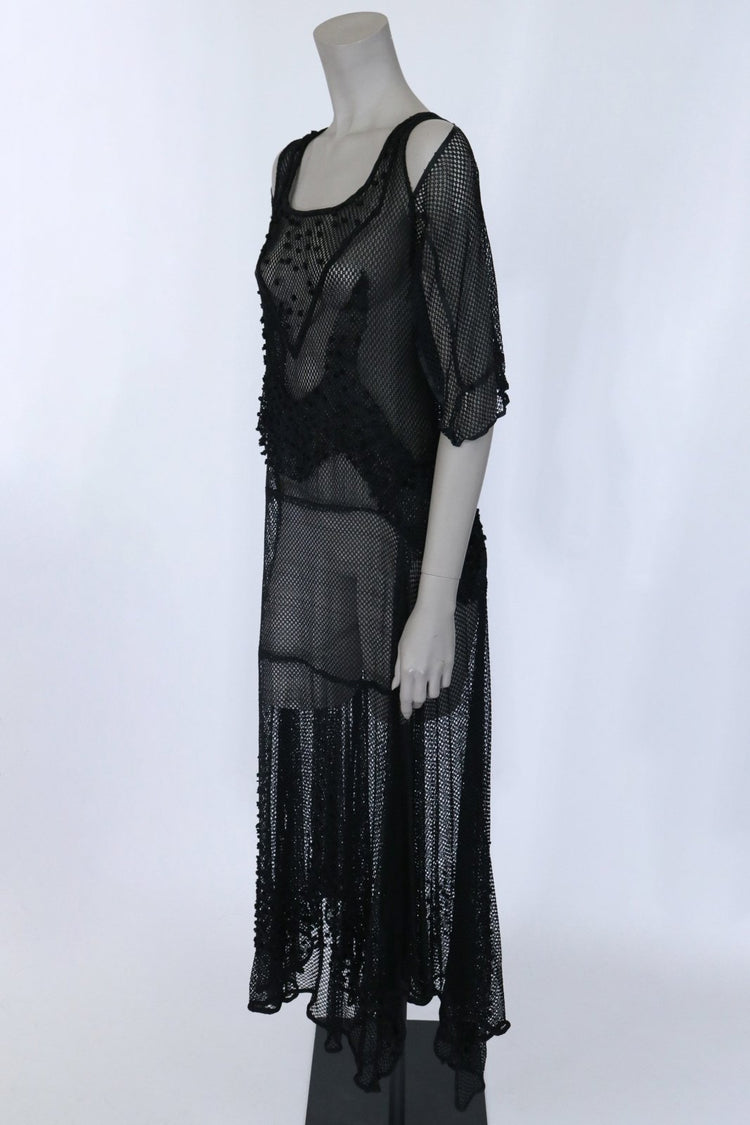 1920s Mesh Net Lace Cold Shoulder Dress - Floria Vintage