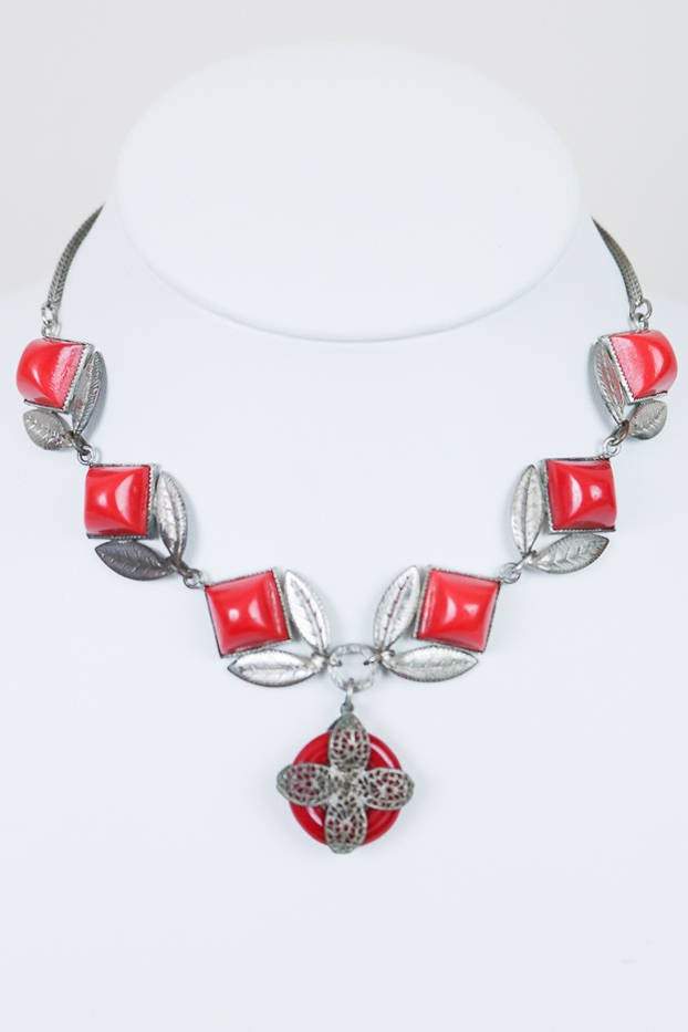 1940s Cabochon Leaves Choker Necklace - Floria Vintage