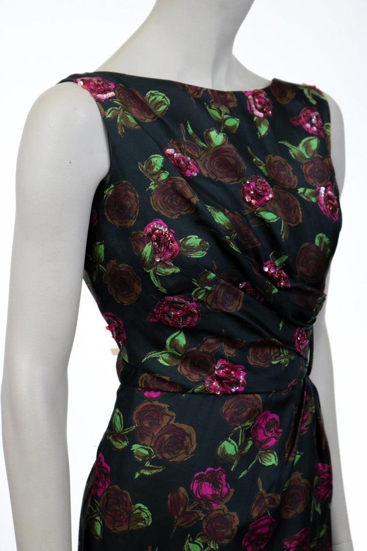 1950s Dark Rose Print Silk Sheath Dress - Floria Vintage
