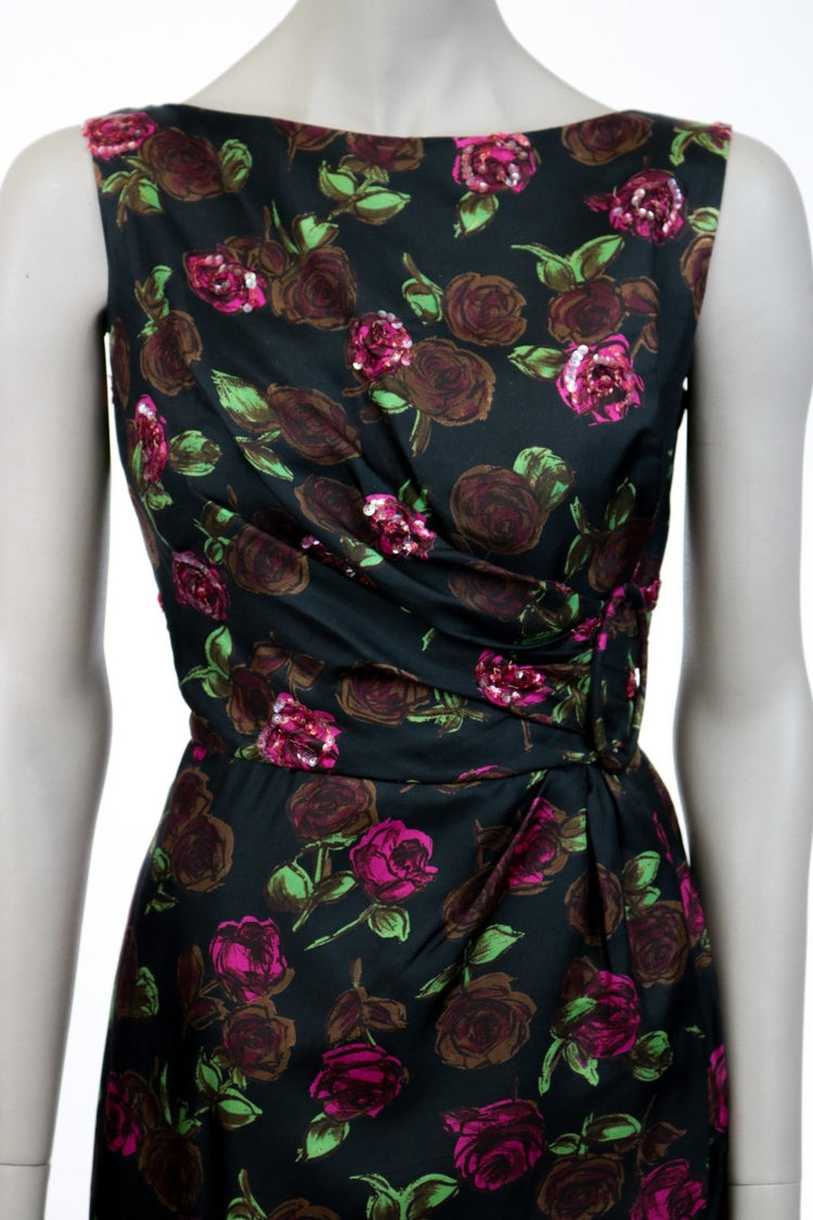 1950s Dark Rose Print Silk Sheath Dress - Floria Vintage