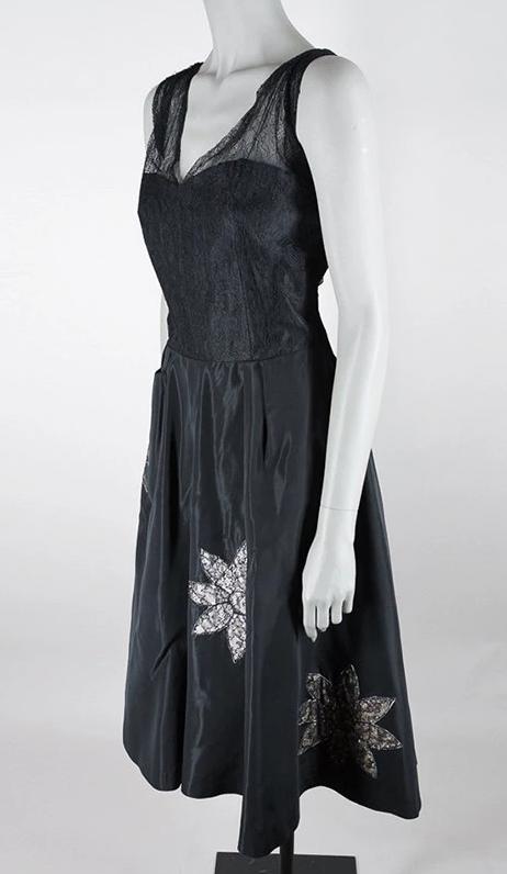 1950s Lace Flowers Taffeta Dress - Floria Vintage