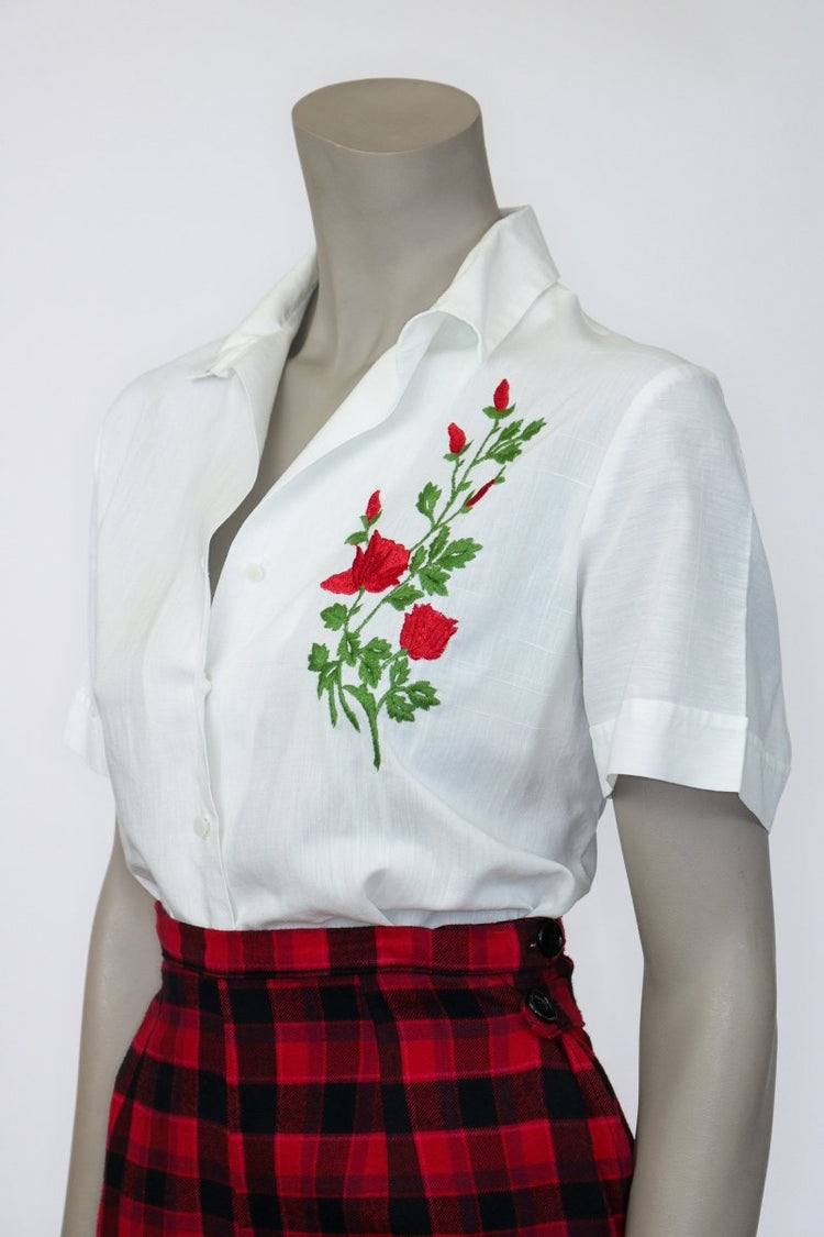 1950s White Cotton Embroidered Blouse - Floria Vintage