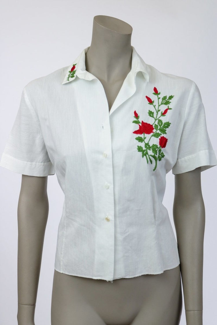 1950s White Cotton Embroidered Blouse - Floria Vintage