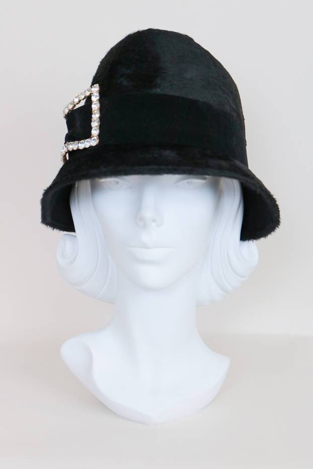 1960s Lambswool Hat with Rhinestone Buckle - Floria Vintage