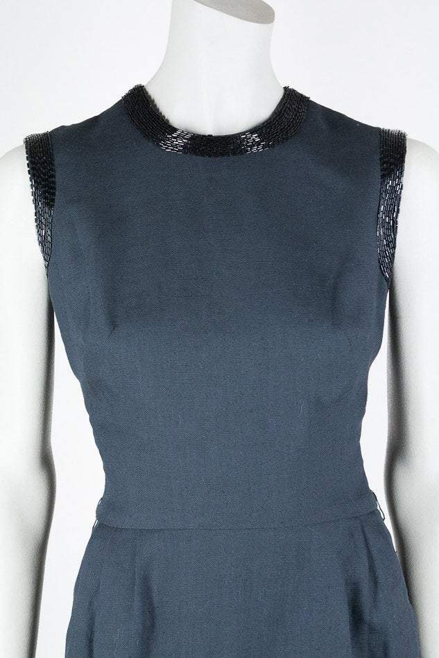 1960s Linen & Silk Beaded Sheath Dress - Floria Vintage