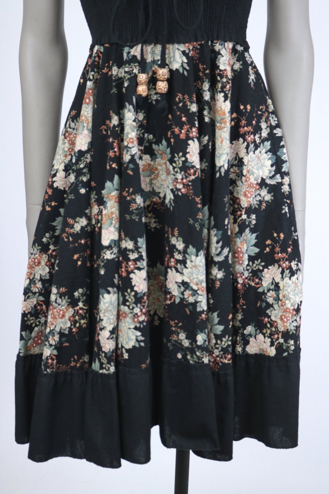 1970s Dark Floral Smocked Strapless Dress - Floria Vintage