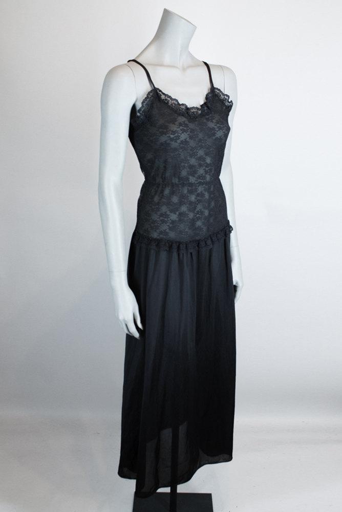 1980s Black Lace Nylon Night Gown - Floria Vintage