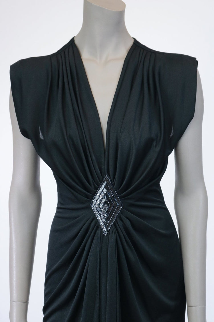 1980s Black Plunging Draped Dress - Floria Vintage
