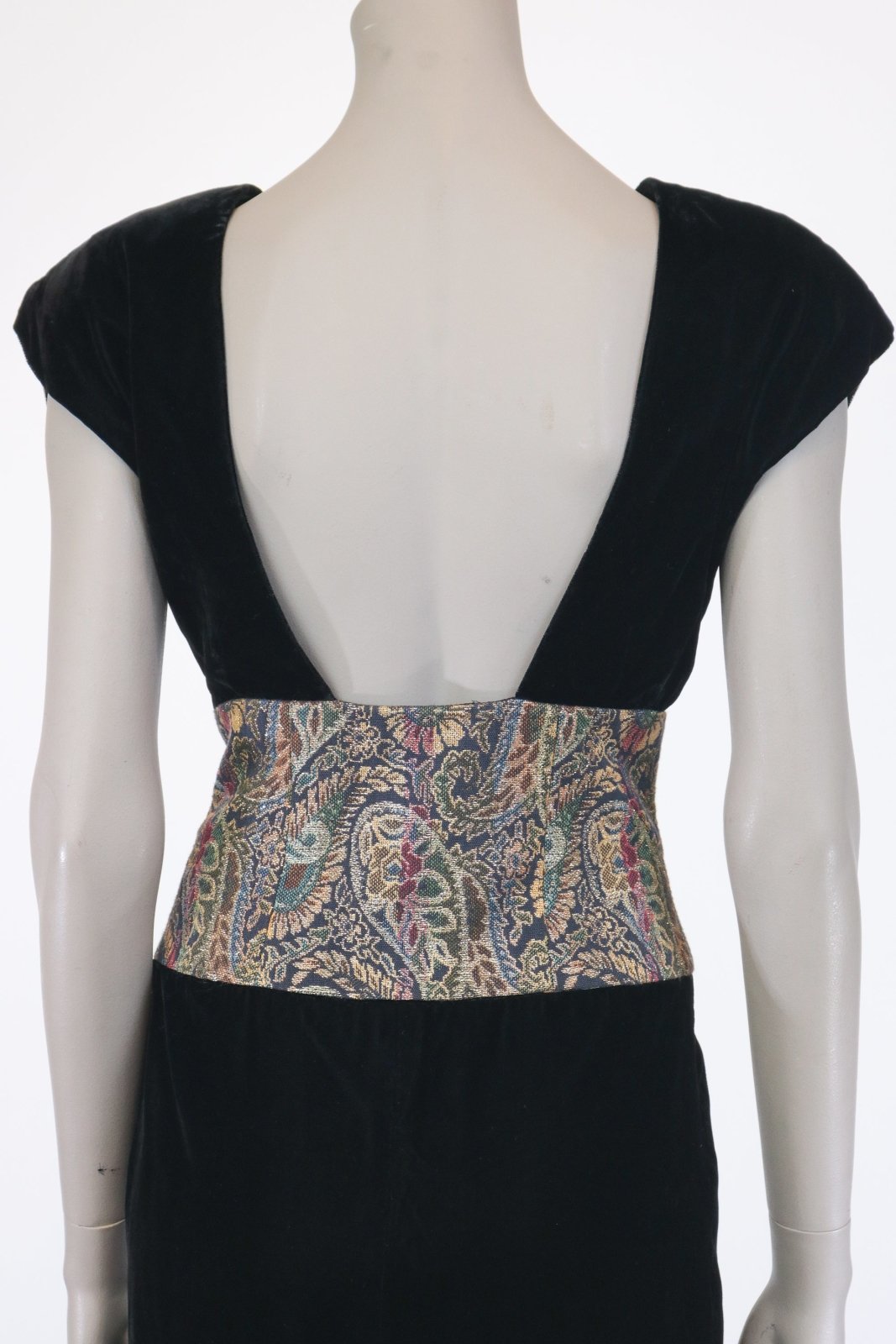 1980s Black Velvet and Brocade Backless Dress - Floria Vintage