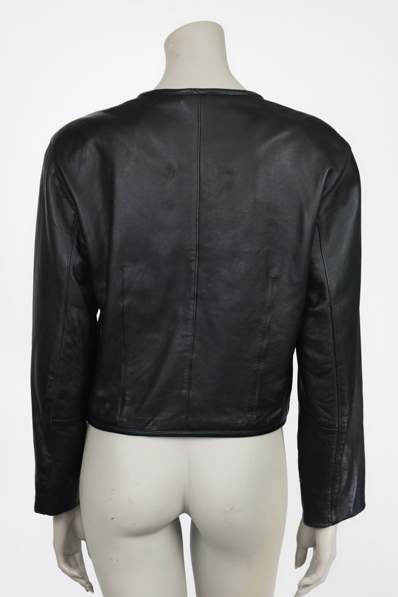 1990s Black Collarless Leather Jacket - Floria Vintage