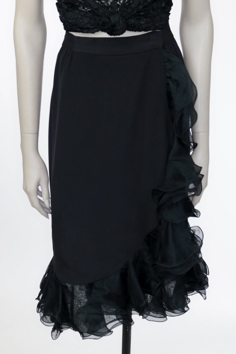 1990s Black Silk Ruffled Wrap Skirt - Floria Vintage
