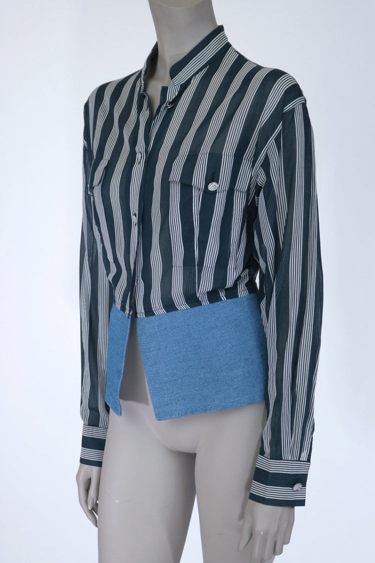 Designer 1980s Crisca by Escada Denim Trimmed Sheer Striped Shirt - Floria Vintage