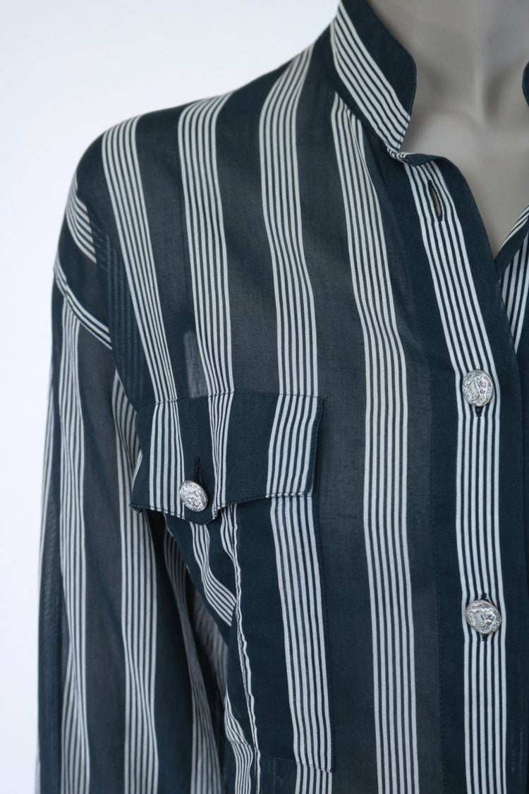 Designer 1980s Crisca by Escada Denim Trimmed Sheer Striped Shirt - Floria Vintage